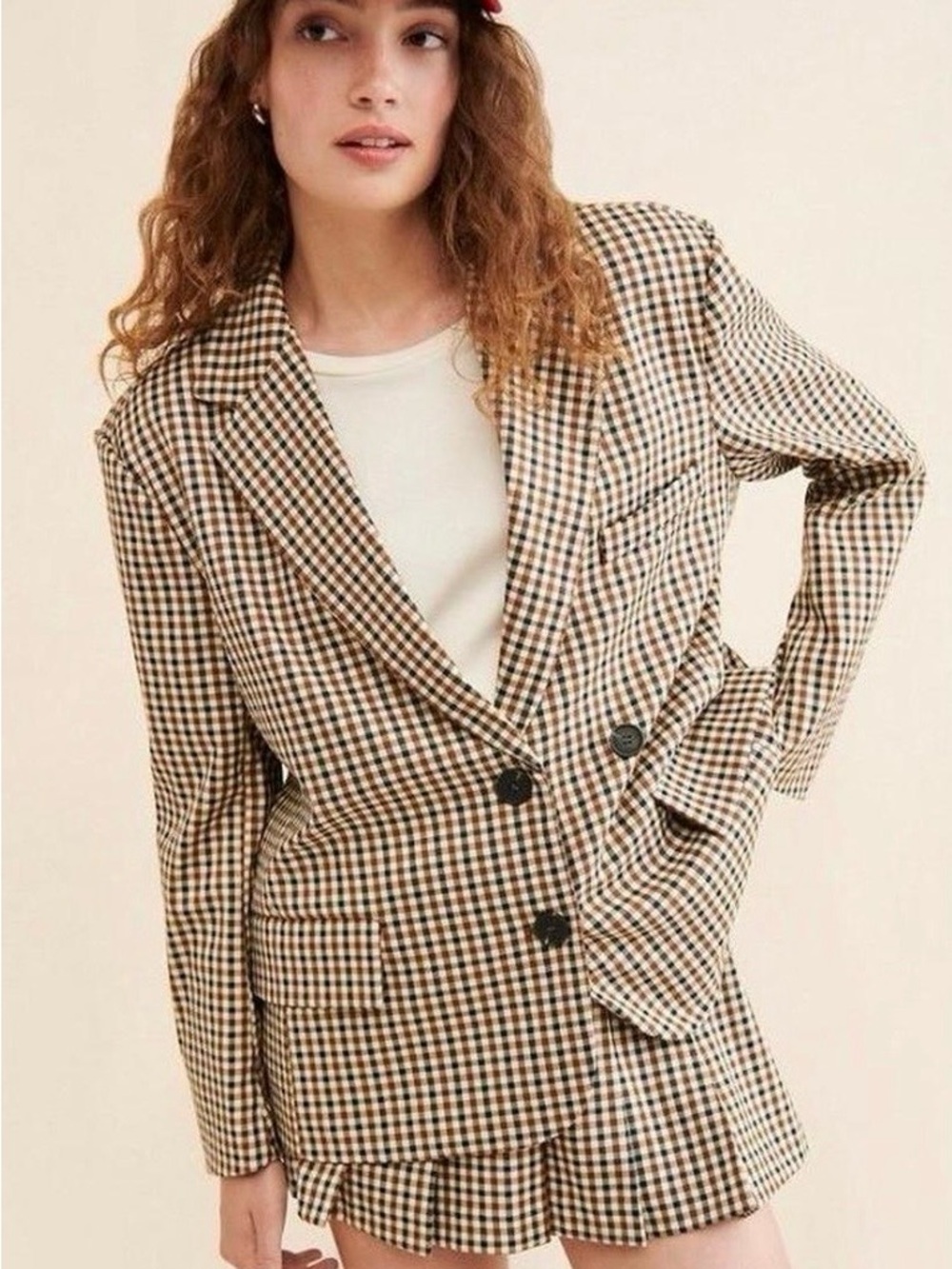Moon River Checked Double-Breasted Blazer in Tan and Black